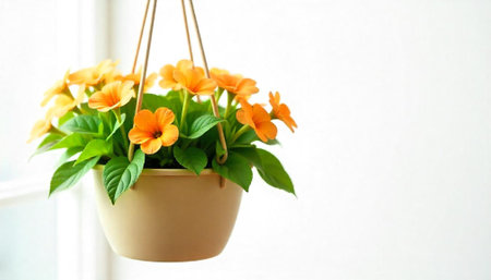Hanging basket of bright orange flowers in a light spaceの写真素材