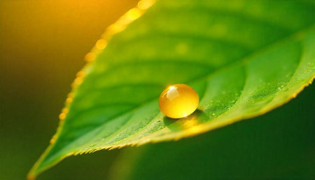 Golden drop on green leaf close up nature image