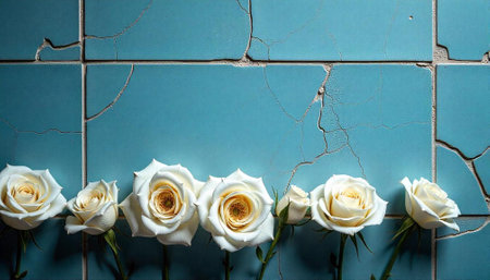 White roses on a background of cracked blue tilesの写真素材