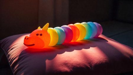 Rainbow toy caterpillar resting on soft pink pillow surfaceの写真素材