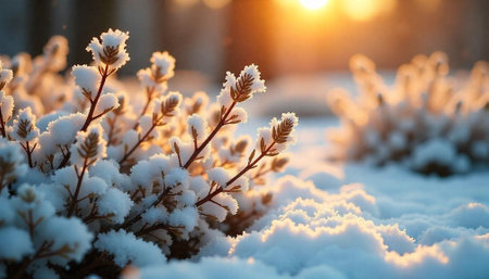 Winter sunrise over snow-covered plants, a beautiful winter landscape