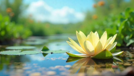 Tranquil yellow water lily reflecting in a calm pondの写真素材