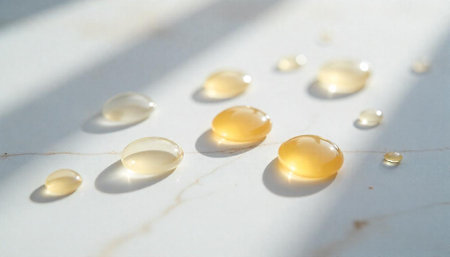 Gel drops on marble surface illuminated by bright sunlight