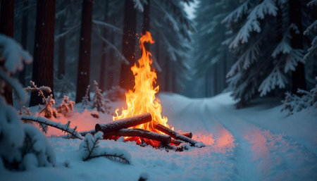 Warm campfire in a snowy forest landscape sceneの写真素材