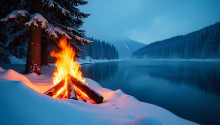 Winter Campfire by Lake Scene with Snow Covered Treesの写真素材