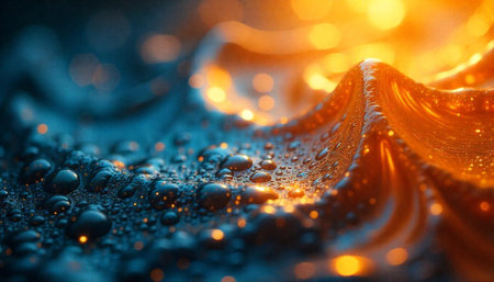 Abstract shimmering wave surface with water drops closeup image