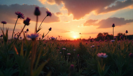Flower field at sunset with vibrant orange skyの写真素材