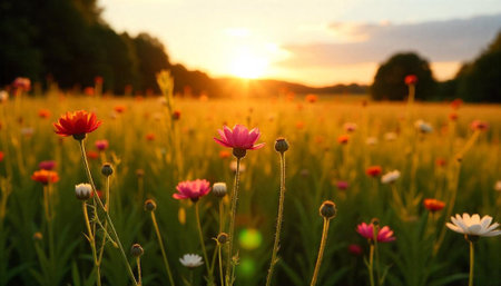 Floral meadow at sunset, tranquil golden hour field flowers
