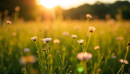 Daisy flowers in a field at sunset, golden lightの写真素材