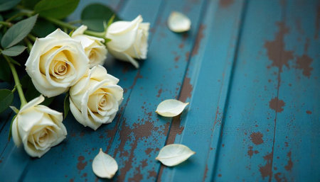 Arrangement of cream roses with petals on wooden surfaceの写真素材