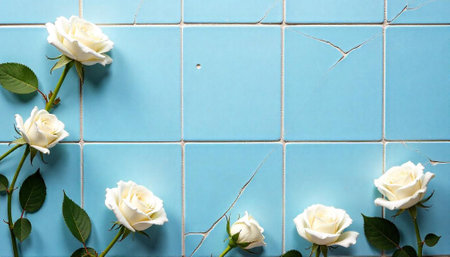 White roses on cracked blue tiles artistic background