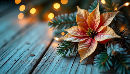 Festive Poinsettia and evergreen on weathered wood with bokeh lightsの写真素材