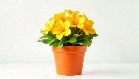 Bright yellow flowers in a pot on white background