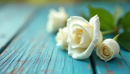 White roses on a vintage turquoise wooden surfaceの写真素材