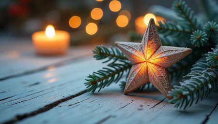 Christmas star and fir branches with candle light backdropの写真素材