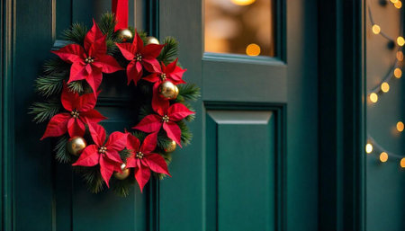 Christmas wreath of poinsettias on a dark green door
