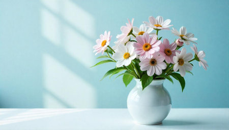 White vase with pink and white daisies on tableの写真素材
