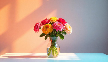 Colorful ranunculus bouquet in vase with soft lighting backdrop