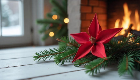 Festive Christmas Poinsettia Arrangement Near Fireplace on White Surfaceの写真素材