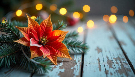 Christmas poinsettia and garland on rustic wooden tabletop backgroundの写真素材