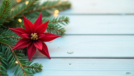 Festive poinsettia and fir branches on white wood planksの写真素材