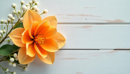 Peach Dahlia with White Berry Spray on Wooden Background