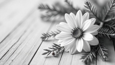 Monochrome daisy on wooden planks, elegant floral arrangementの写真素材