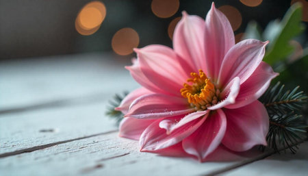 Single pink dahlia flower with soft focus bokeh backgroundの写真素材