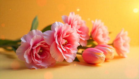 Elegant pink tulips and roses on a golden background