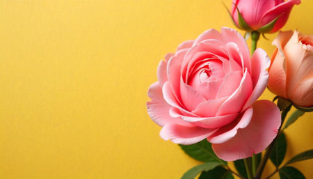 Elegant pink roses arrangement against vibrant yellow backgroundの写真素材