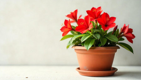 Vibrant red flowers in terracotta pot on white surfaceの写真素材