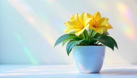 Yellow Flowering Plant in Pot with Rainbow Light