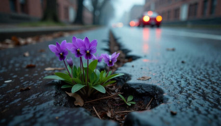 Purple flowers growing in a crack on wet pavementの写真素材