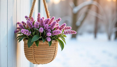 Purple flowers in woven basket hanging on wooden surface