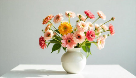 Colorful gerbera daisies in white vase against neutral backgroundの写真素材