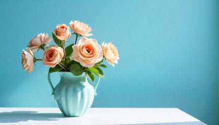 Elegant peach roses in a turquoise vase on tableの写真素材