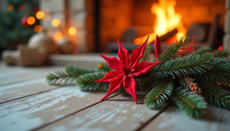 Poinsettia on Wooden Table near Fireplace for Holiday Seasonの写真素材