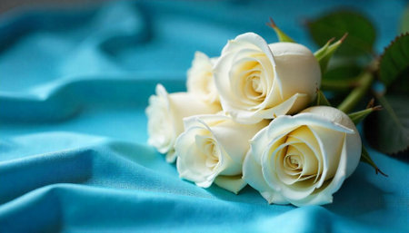 Elegant white roses arrangement on a vibrant turquoise fabricの写真素材