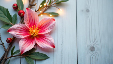 Elegant Christmas flower arrangement on rustic wooden surface