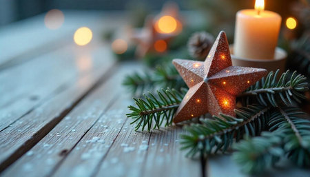 Festive Christmas centerpiece with star candle and fir branchesの写真素材