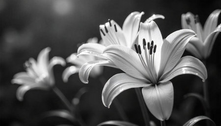Monochrome lilies showcase elegant details in soft natural lightの写真素材