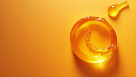 Golden honey swirl on vibrant orange background flat layの写真素材