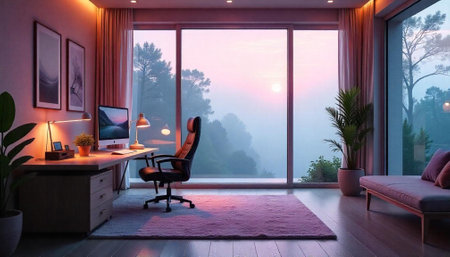 Modern home office with sunset view and cozy atmosphereの写真素材