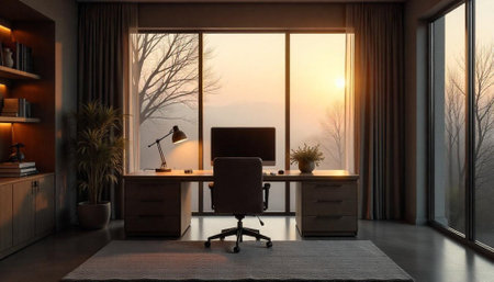 Modern home office with sunrise view from large windowの写真素材