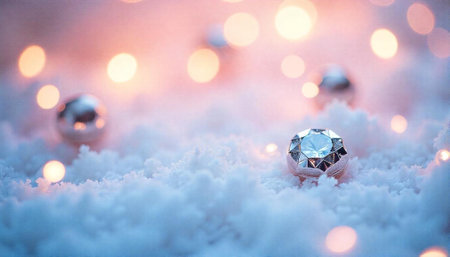 Diamond spheres with bokeh on blue snow background