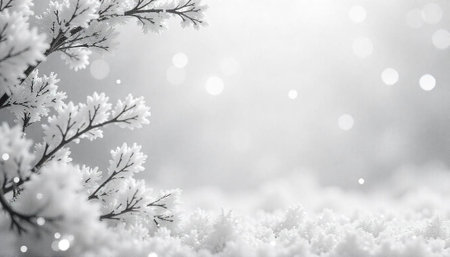 Frosty branches and snowy ground with bokeh effect background