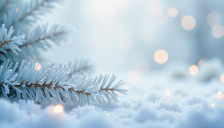 Frosted pine branch on snow with blurred bokeh lights