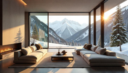 Modern interior with snowy mountain view through large windowsの写真素材