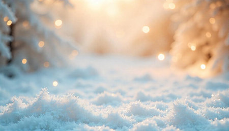 Sparkling snow scene with bokeh lights and winter treesの写真素材