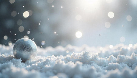 Winter still life: Silver Christmas ornament on snow driftsの写真素材